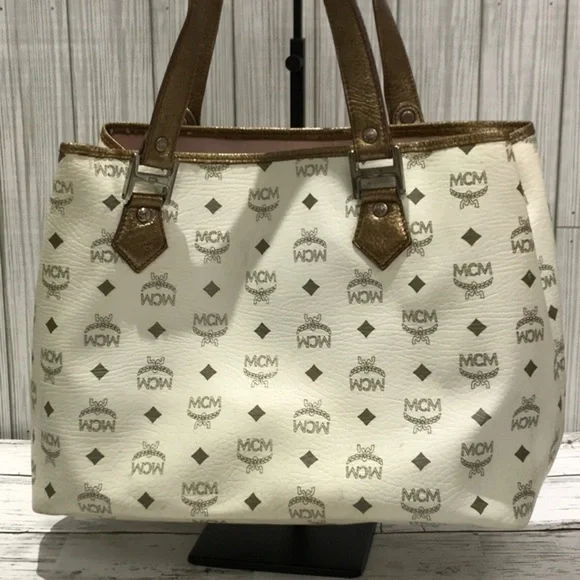 MCM Tote Bag White Logo Visetos Canvas Leather Trim Shoulder Bag - Picture 5 of 16